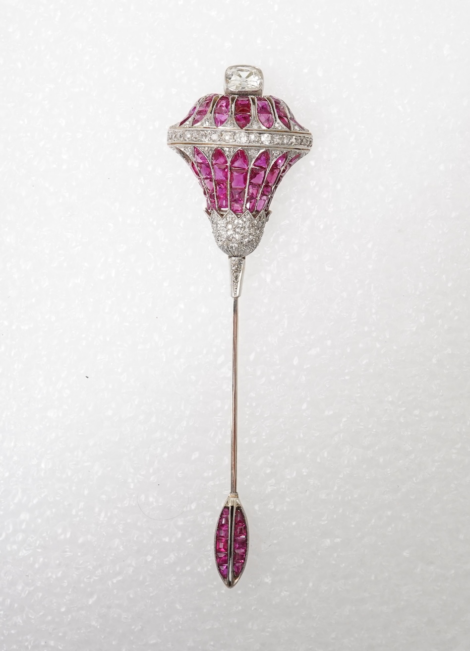 An impressive ruby and diamond jabot pin